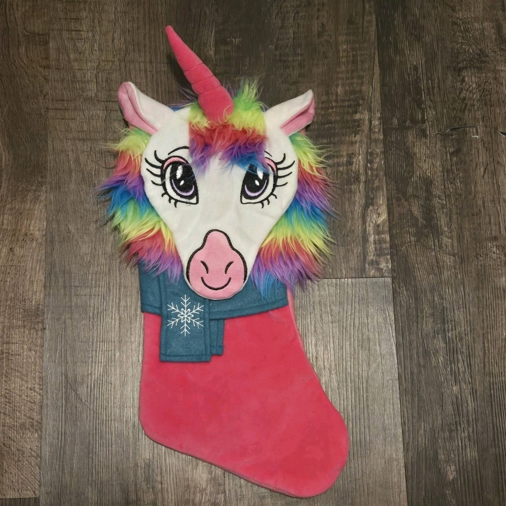 Unicorn Christmas Stocking Pink Rainbow Velour Kawaii Whimsical Holiday 17.5"